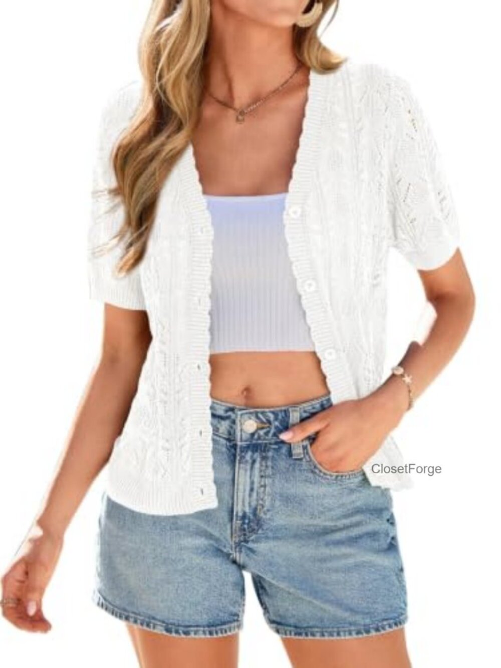 Crochet Short Sleeve Button Down Cardigan Sweater Women V Neck 100% Viscose